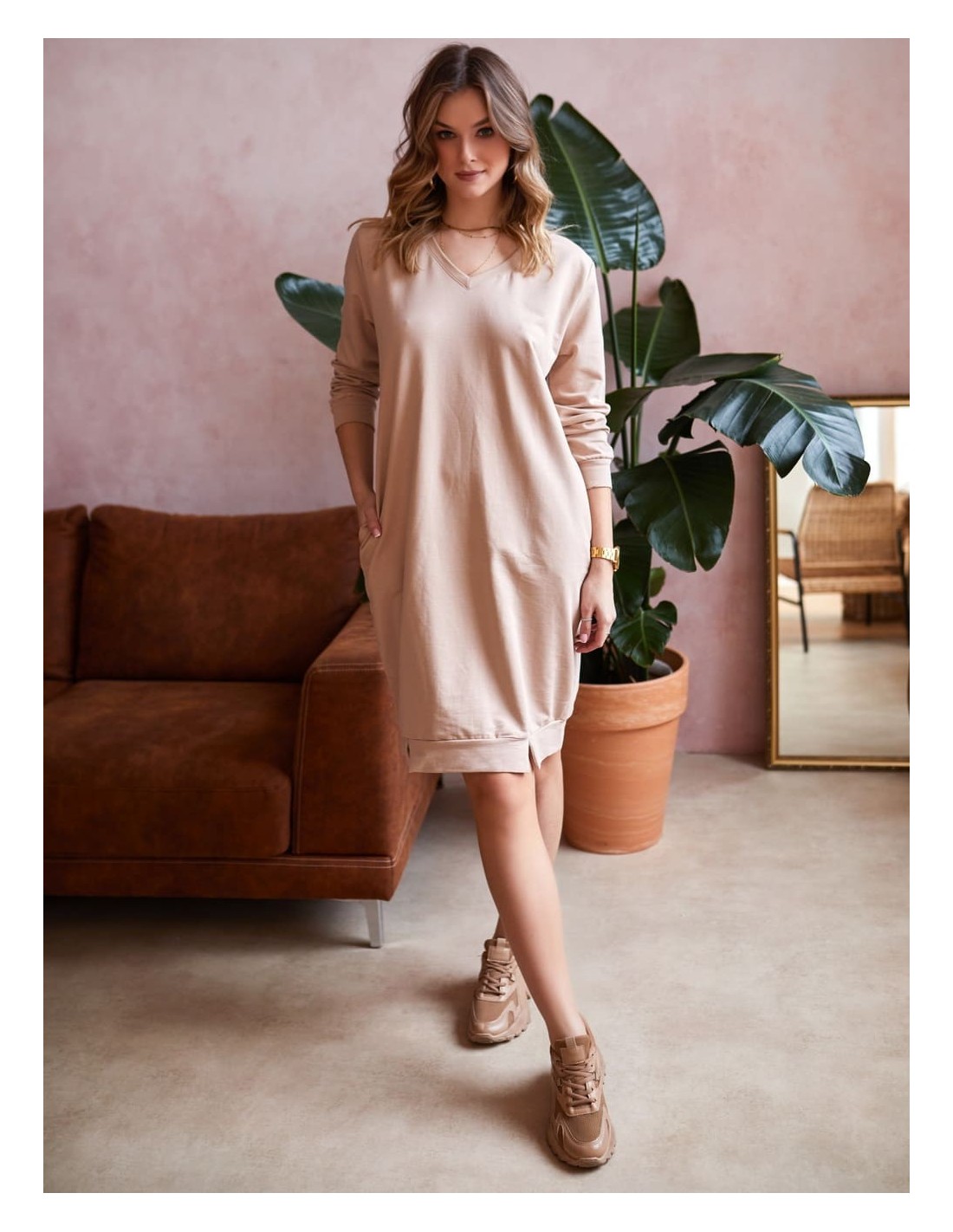 Smooth bauble dress with pockets, beige FI682 - Online store - Boutique